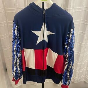 Sequin Captain America Custom zip up hoodie. It’s red, White and blue